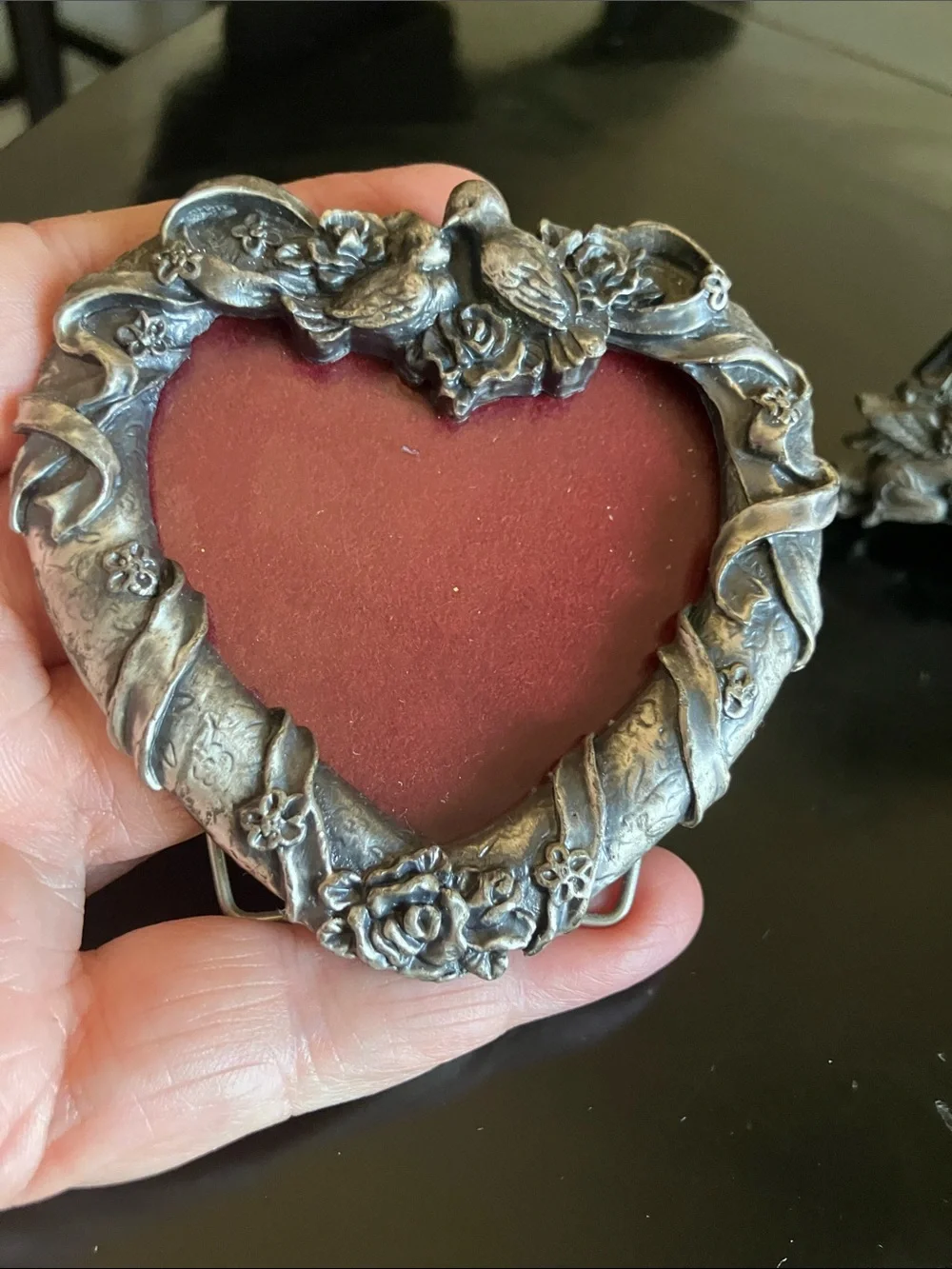 Ornate Heart-Shaped Silver Photo Frame with Red Velvet Mat